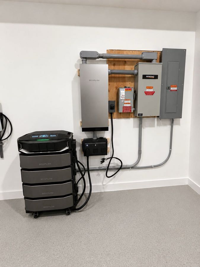 Stackable home battery bank wired to an inverter, transfer switch and main electrical panel in a finished utility room